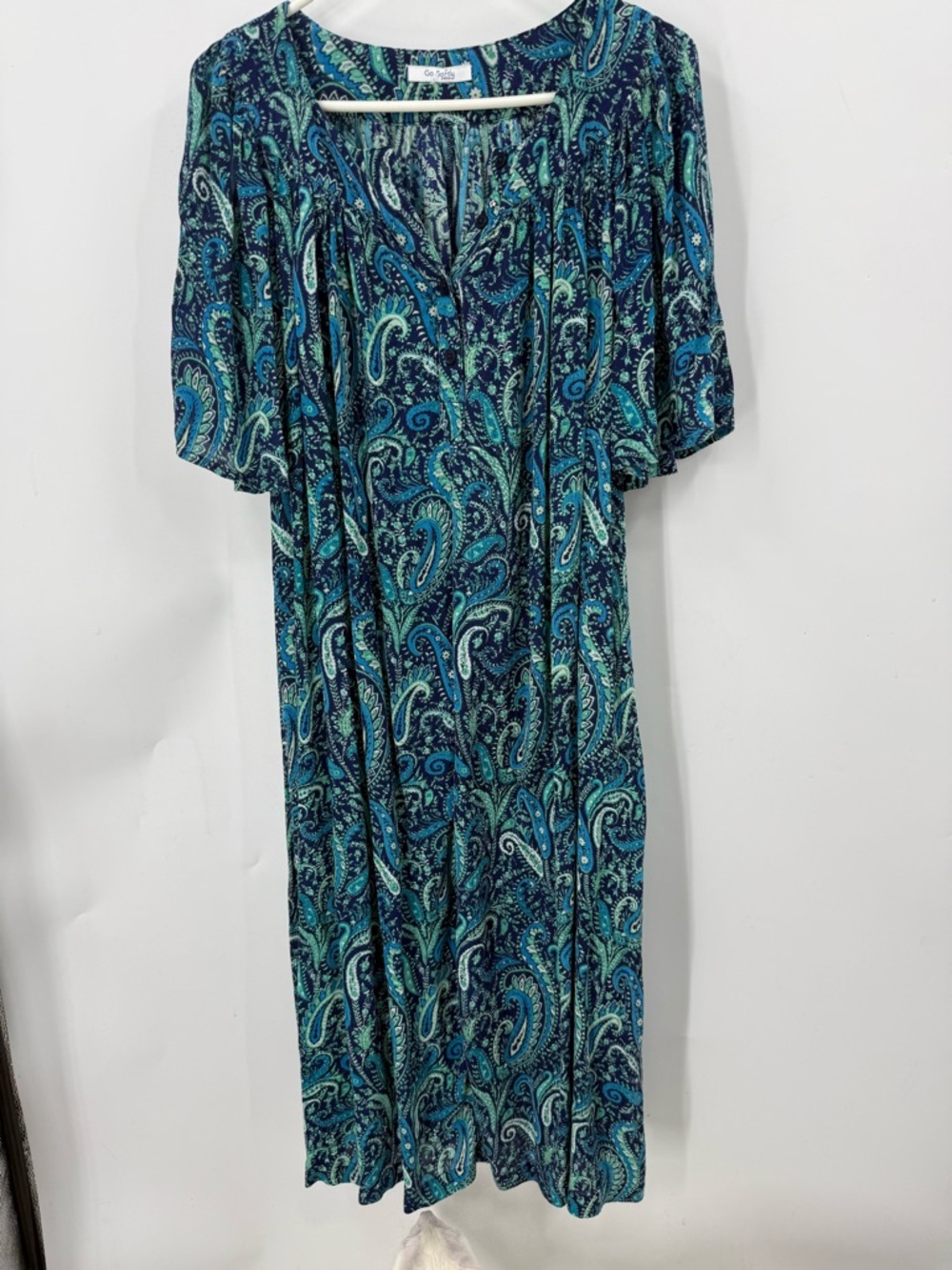 Go Softly paisley patio Teal Paisley V-Neck kaftan Moo Moo Dress L